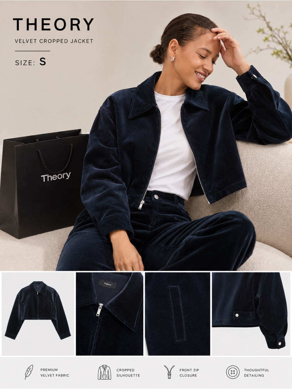 Theory Navy Velvet Cropped Zip Jacket